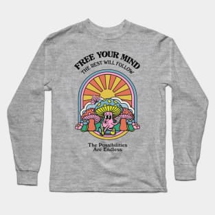 Free Your Mind - Psychedelic Mushroom Art T-Shirt with Popular Quotes in 80's Style Long Sleeve T-Shirt